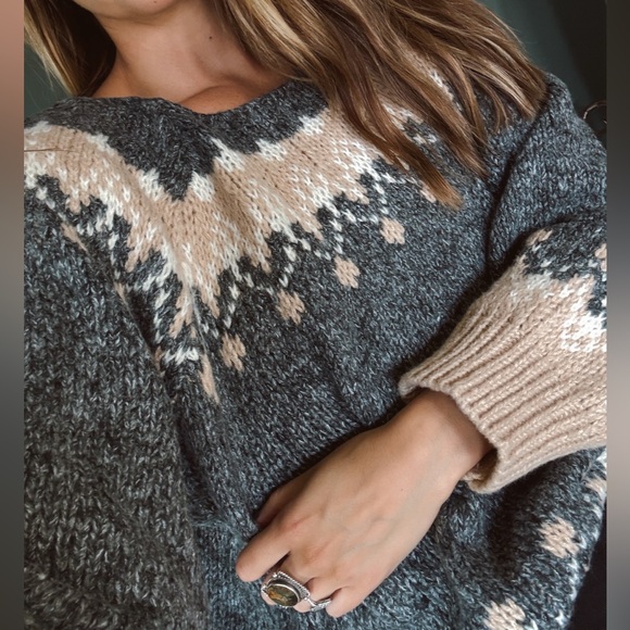 Handmade Sweaters - HandMade hand crafted Sweater Nordic Fair Isle square neck Gray ivory Sz large